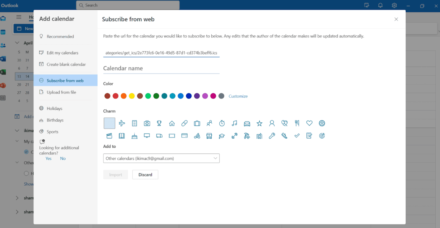 Paste calendar URL in Outlook.com