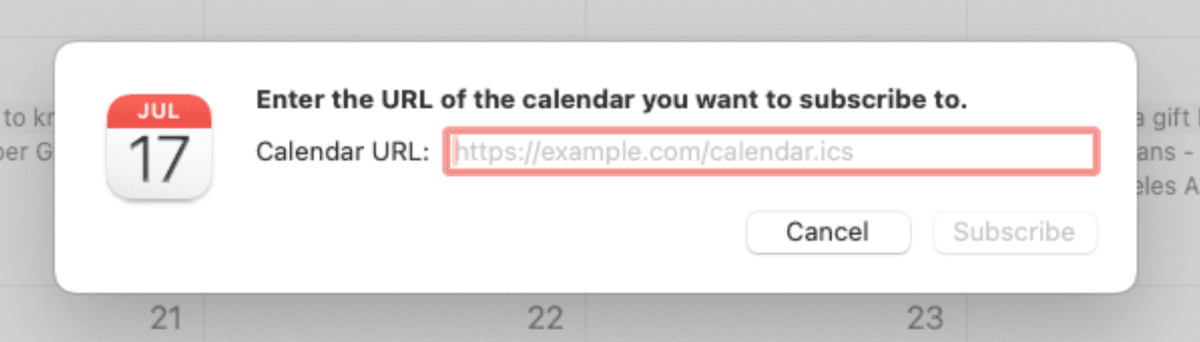Paste Calendar URL in Apple Calendar subscription dialog - Step 3 of Mac setup