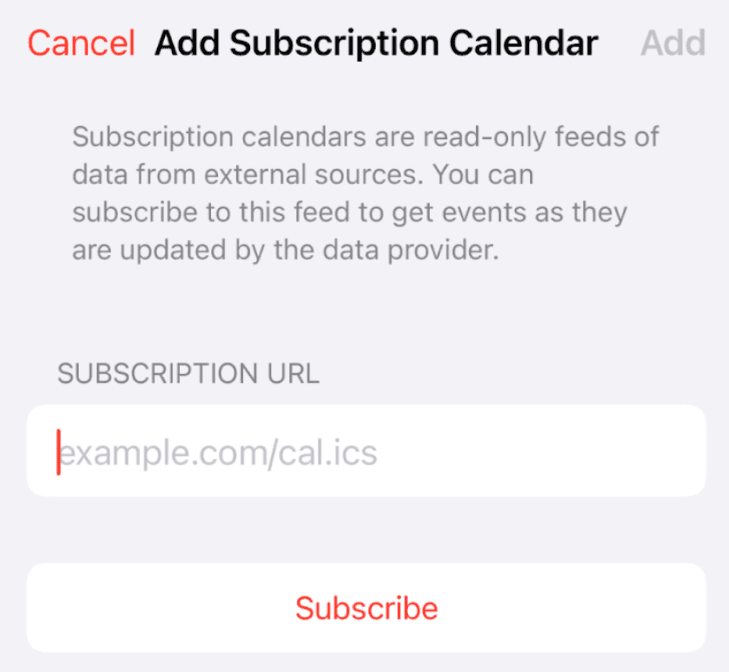 Enter Calendar URL in iOS Calendar subscription settings - Step 4 of iPhone setup